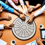 **Image:** A diverse group of people collaborating around a table, brainstorming solutions to community problems. Focus on teamwork and creative thinking. The setting includes elements of both traditional Urdu culture and modern technology.