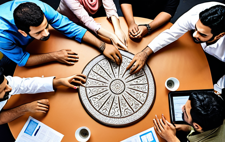 **Image:** A diverse group of people collaborating around a table, brainstorming solutions to community problems. Focus on teamwork and creative thinking. The setting includes elements of both traditional Urdu culture and modern technology.