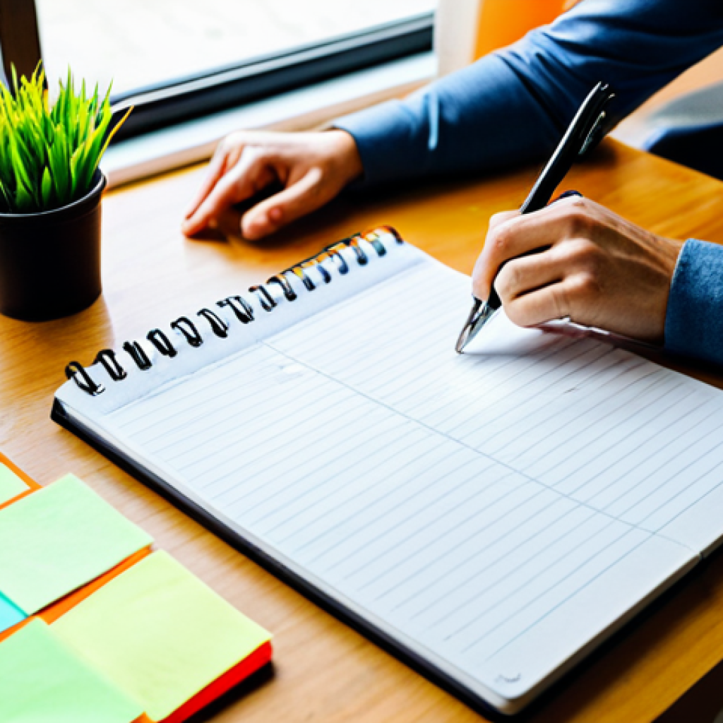 습득한 지식을 활용한 시간 관리 팁 - **Prompt:** A person creating a daily plan with a notebook and pen on a wooden desk, surrounded by m...