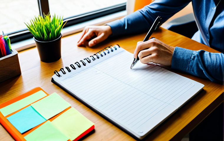 습득한 지식을 활용한 시간 관리 팁 - **Prompt:** A person creating a daily plan with a notebook and pen on a wooden desk, surrounded by m...