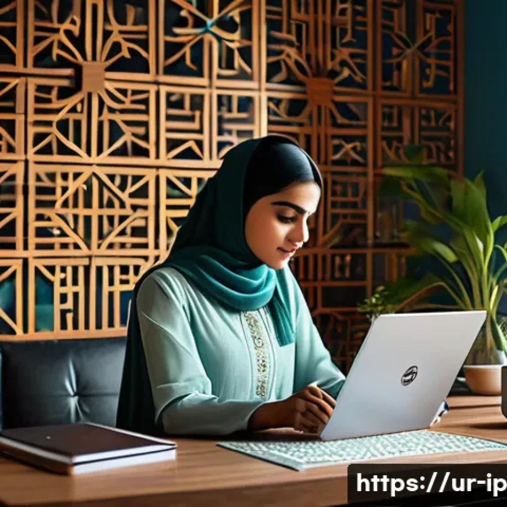 습득한 지식을 바탕으로 한 혁신적인 아이디어 - A modern Pakistani home office scene featuring a young professional woman in modest attire working o...