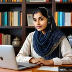 Home 21 배운 내용을 삶에 적용하기 위한 동기 부여 - A focused young South Asian woman sitting at a wooden desk in a modern home office, surrounded by Ur...