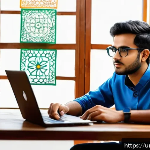 Home 31 습득한 지식으로 개인적 변화 이루기 - A modern home office scene featuring a young Pakistani man in casual attire wearing glasses, seated ...