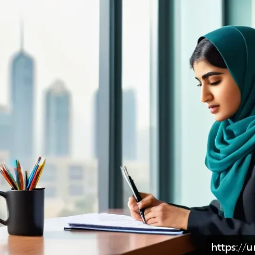 Home 17 지식 습득 후 실생활에 반영하는 법 - A modern Pakistani office environment where a young professional woman wearing modest business attir...