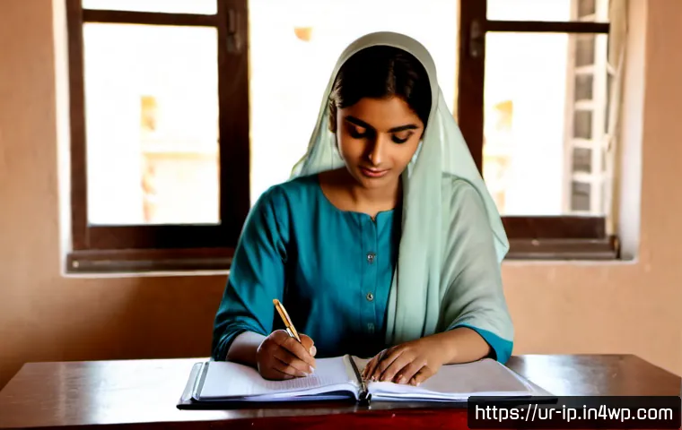 Home 17 지식과 실천의 갭 줄이기 위한 방법 - Photorealistic Pakistani woman in modest shalwar kameez and light dupatta, seated at a tidy home des...